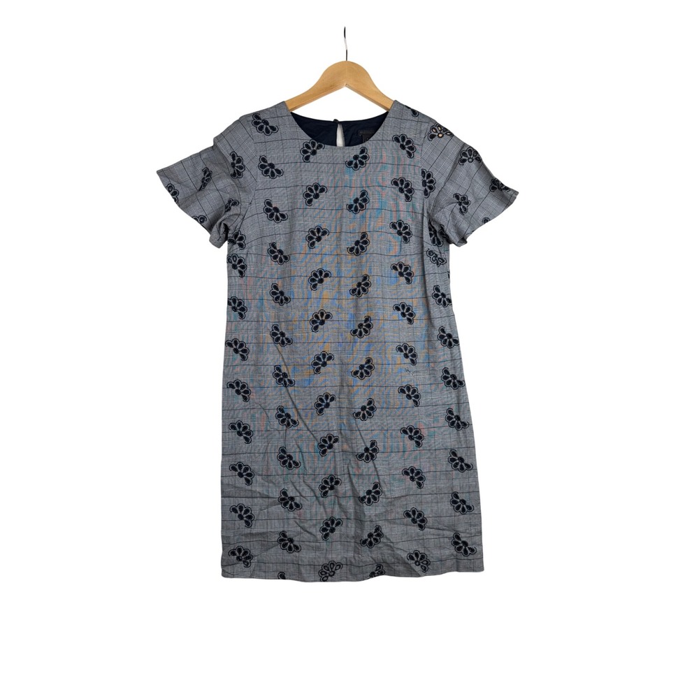 Ann‎ Taylor Eyelet Plaid Floral Embroidered Shift Dress size 2 Gray/Blue